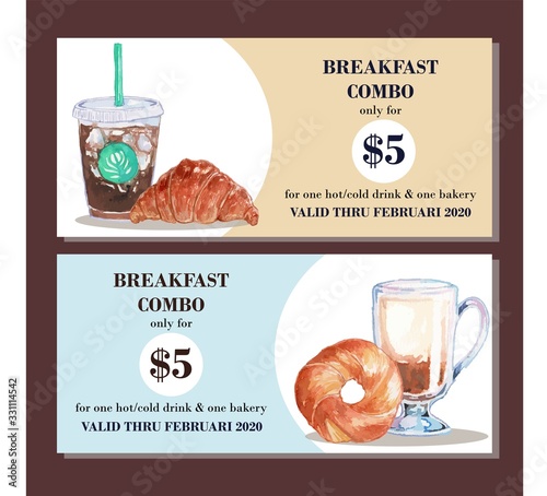 vector Watercolor Breakfast Cafe Voucher Promotion Event Design Template Set