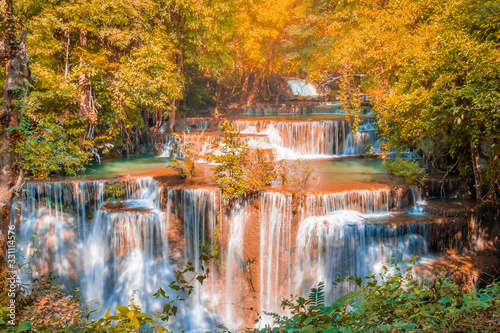 Landscape of Huai Mae Kamin waterfall Srinakarin Is a waterfall in the deep forest in autumn atmosphere at Kanchanaburi  Thailand.
