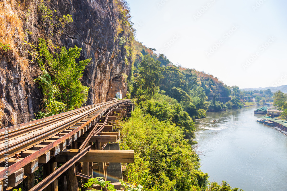 The Death Railway crossing kwai river in Kanchanaburi Thailand. Important landmark and destination to visiting and world war II history builted