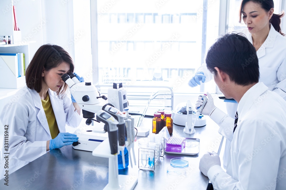 顕微鏡を覗き込む女性研究員 顕微鏡を覗き込む女性研究員