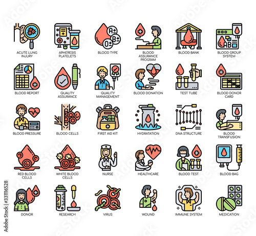 Set of blood donation thin line and pixel perfect icons for any web and app project.