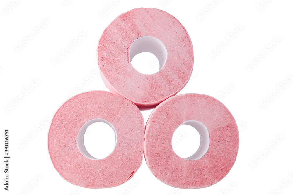 Toilet paper on white background isolated closeup, three pink bog rolls, self hygiene poster, health care banner, paper tissues sign, wc design element, keep clean and antibacterial protection concept Toilet paper on white background isolated closeup, three pink bog rolls, self hygiene poster, health care banner, paper tissues sign, wc design element, keep clean and antibacterial protection concept