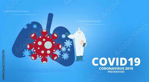 Vector illustration of lung symbol, coronavirus and man in a protective suit  with a mask. COVID19 prevention text with blue background. Stop coronavirus concept.