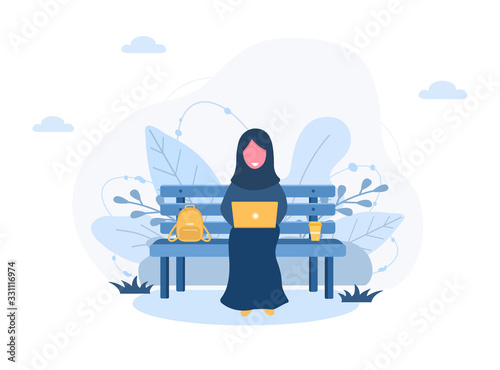 Womens freelance. Arabian girl in hijab with laptop sitting on bench in park. Concept illustration for working outdoors, studying, communication, healthy lifestyle. Vector illustration in flat style.