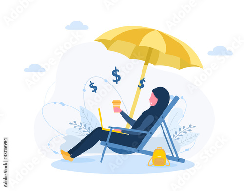 Womens freelance. Arabian girl in hijab with laptop sitting in sun lounger under an sunshades with coffee. Concept illustration for working outdoors, studying, communication, healthy lifestyle.