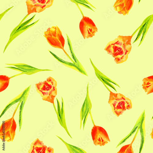 watercolor tulips on a yellow background  seamless floral pattern in joyful colors.