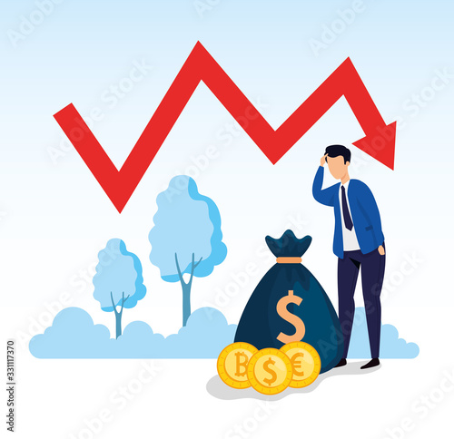 stock market crash with businessman worried and icons vector illustration design