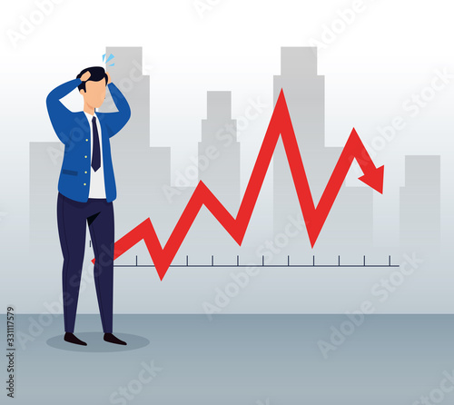 stock market crash with businessman and arrow down vector illustration design