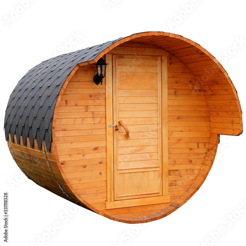 Mobile bath in the form of a barrel covered with wood.