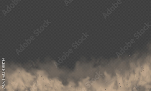 Dust cloud, sand storm, powder spray on transparent background. Desert wind with cloud of dust and sand. Realistic vector illustration.