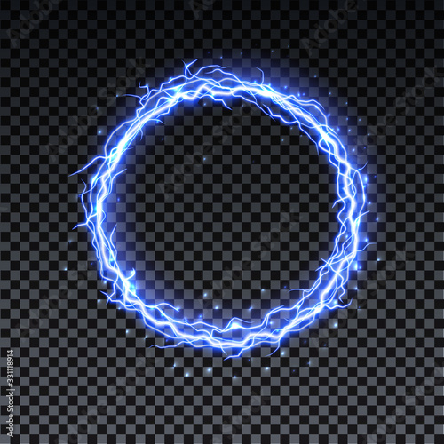 Circle realistic lightning. Thunder spark light, fireball on transparent background. Illuminated realistic path of thunder and many sparks. Bright curved line.