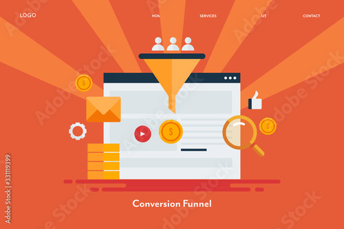 Conversion funnel, digital marketing,  sales funnel conversion, money making, online business concept. Flat design web banner, landing page template.