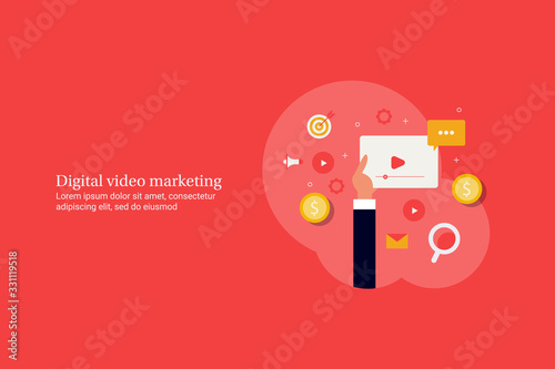 Video marketing concept, user engagement with video content, social media and digital marketing, technology business concept. Flat design web banner template with text. photo