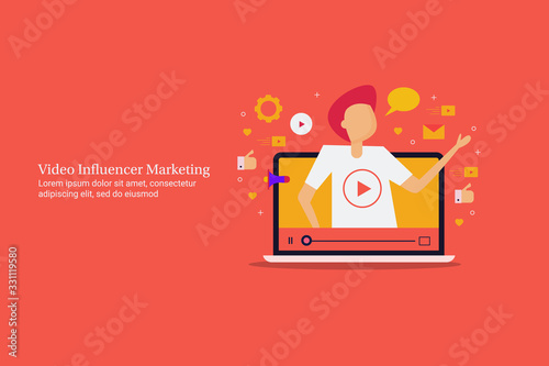 Video influencer marketing on social media, businessman engaging with customer with video content. Flat design web banner design template with text.