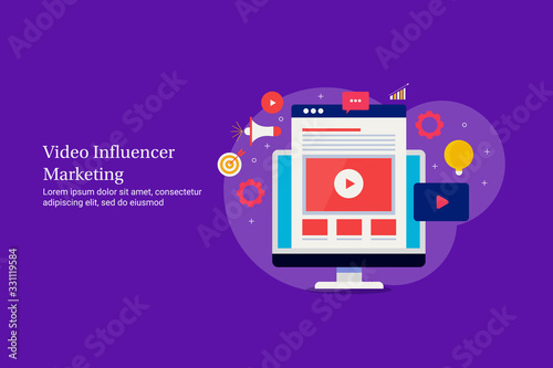 Influencer marketing - video content promotion - social media video for audience engagement, internet and technology concept. Flat design web banner template.