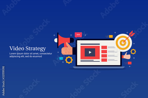 Video marketing strategy, targeting online audience via social media, video content strategy, internet and business technology concept. Flat design web banner template with text.
