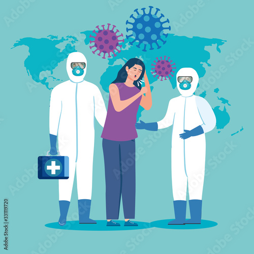 woman sick and health professionals with protective clothing for coronavirus 2019 vector illustration design