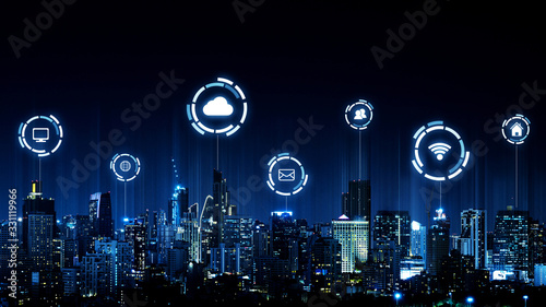 Smart city and wireless communication network concept. Internet of things (IOT). Information communication technology (ICT)