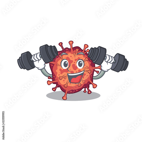 Smiley Fitness exercise contagious corona virus cartoon character raising barbells