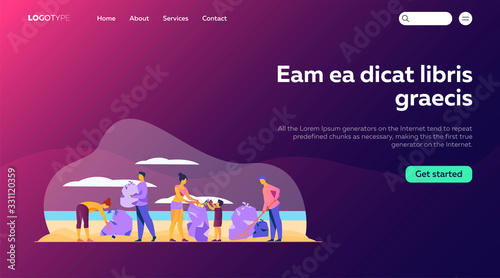 Eco volunteers cleaning sea or ocean beach from garbage. People, family with child collecting trash and sorting waste outdoors. Vector illustration for ecology, planet, nature