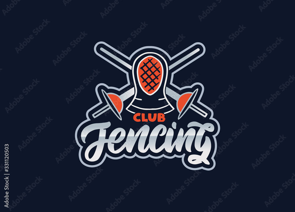 Fototapeta premium Fencing emblem. Sport badge, sticker on blue background isolated.