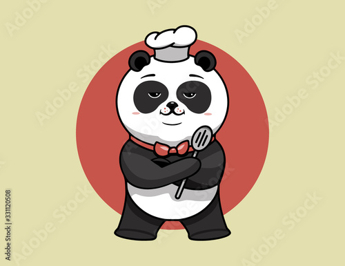 Super chef logo, cooking template, the hero proudly folded his paws. Funny panda character, logotype