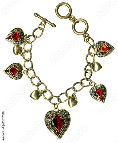 Antique Golden Bronze Chain Red Crystal Angel Heart Charm Toggle Bracelet