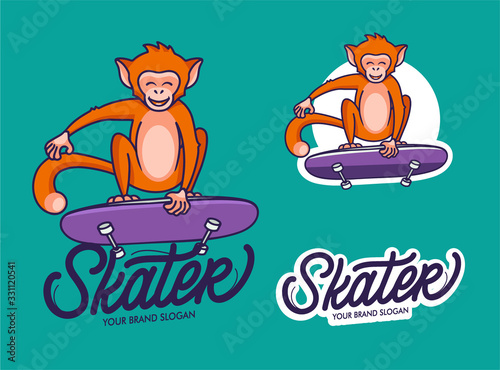 Set of Monkey skater funny logotype with text, phrase.Jungle macaque character