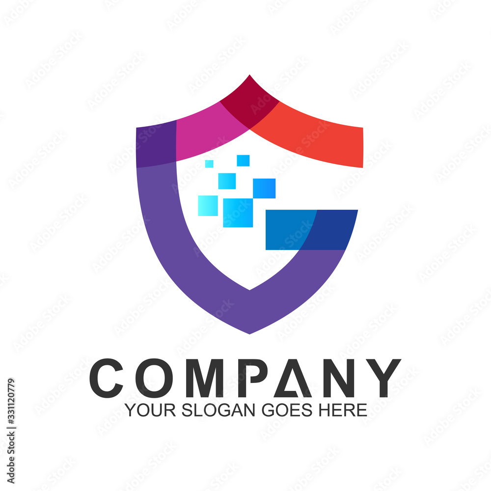 Obraz premium Shield Letter G Logo With Colorful Pixel Shape, Protection And Care Logo, Guardian Symbol
