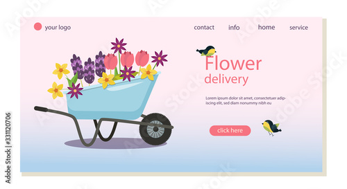 Web page template flower delivery, landing page. Garden wheelbarrow with spring flowers, birds. Vector graphics.