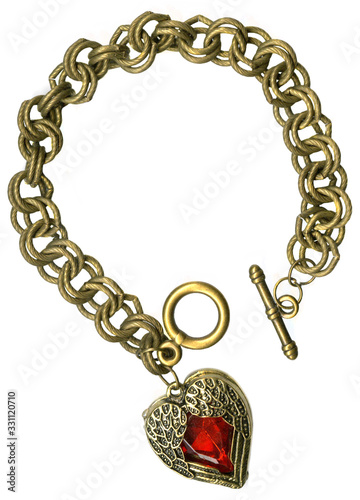 Antique Golden Bronze Chain Red Crystal Angel Heart Charm Bracelet
