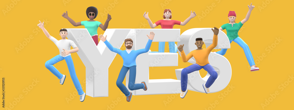 The word yes on a yellow background. Group of young multicultural happy people jump and dance together. Horizontal banner cartoon character and website slogan. 3D rendering. The word yes on a yellow background. Group of young multicultural happy people jump and dance together. Horizontal banner cartoon character and website slogan. 3D rendering.