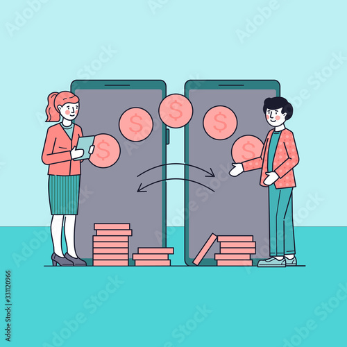 People making financial transactions via mobile app. Banking and sending money flat vector illustration. Mobile transfer payments and remittance concept using online electronic service