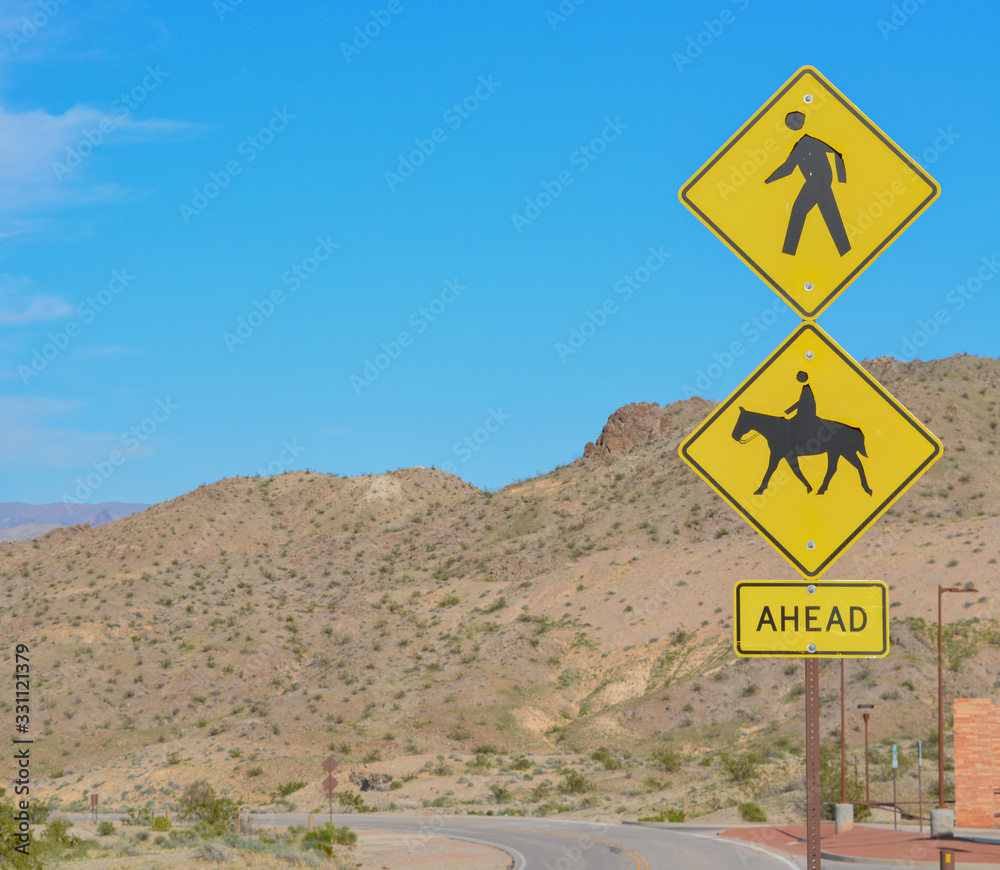 Pedestrians and Horse Riding Ahead Sign, in Bullhead, Mohave County, Arizona USA