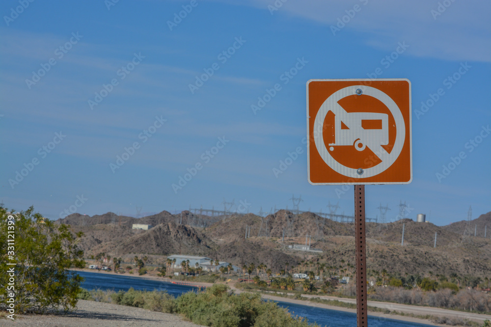 No RV Camping Sign, on the shore of the Colorado River in Laughlin, Clark County, Nevada USA