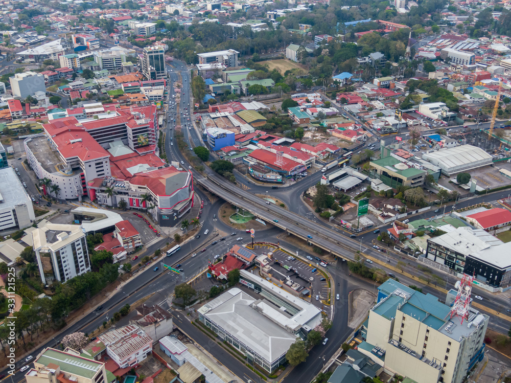 Fototapeta premium Beautiful aerial view of the Roads in the Roundabout in San Jose Costa Rica 