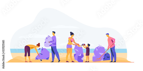 Eco volunteers cleaning sea or ocean beach from garbage. People, family with child collecting trash and sorting waste outdoors. Vector illustration for ecology, planet, nature