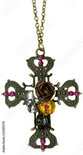 Antique Bronze Gothic Skull Steampunk Roses Cross Talisman Necklace