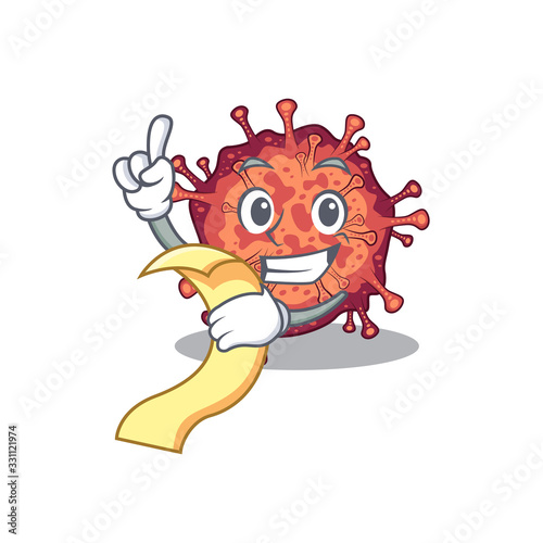 cartoon character of contagious corona virus holding menu ready to serve © kongvector