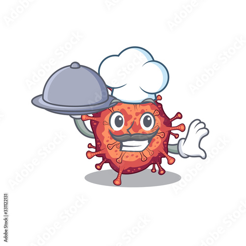 Contagious corona virus as a chef cartoon character with food on tray