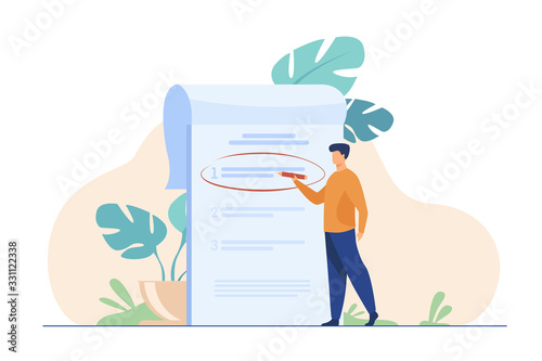 Manager prioritizing tasks in to do list. Man taking notes, planning his work, underlining important points. Vector illustration for agenda, checklist, management, efficiency concept