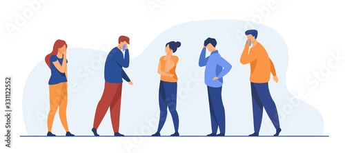 Group of sick people suffering from flu symptoms. Men and women feeling headache, sneezing, applying handkerchief to noses. Vector illustration for healthcare, sickness, infection concept