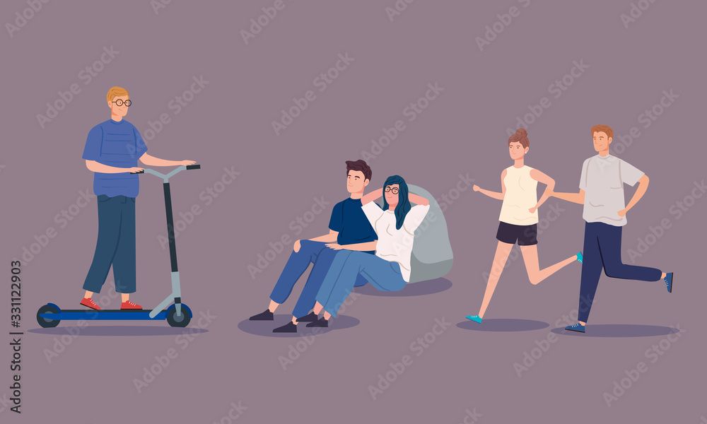 group of young people doing activities vector illustration design