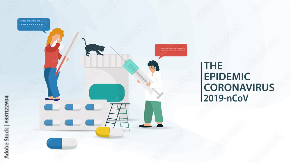 banner little people doctor is going to give an injection of virus disease to a sick patient COVID-2019 2019-nCoV flat vector illustration banner little people doctor is going to give an injection of virus disease to a sick patient COVID-2019 2019-nCoV flat vector illustration