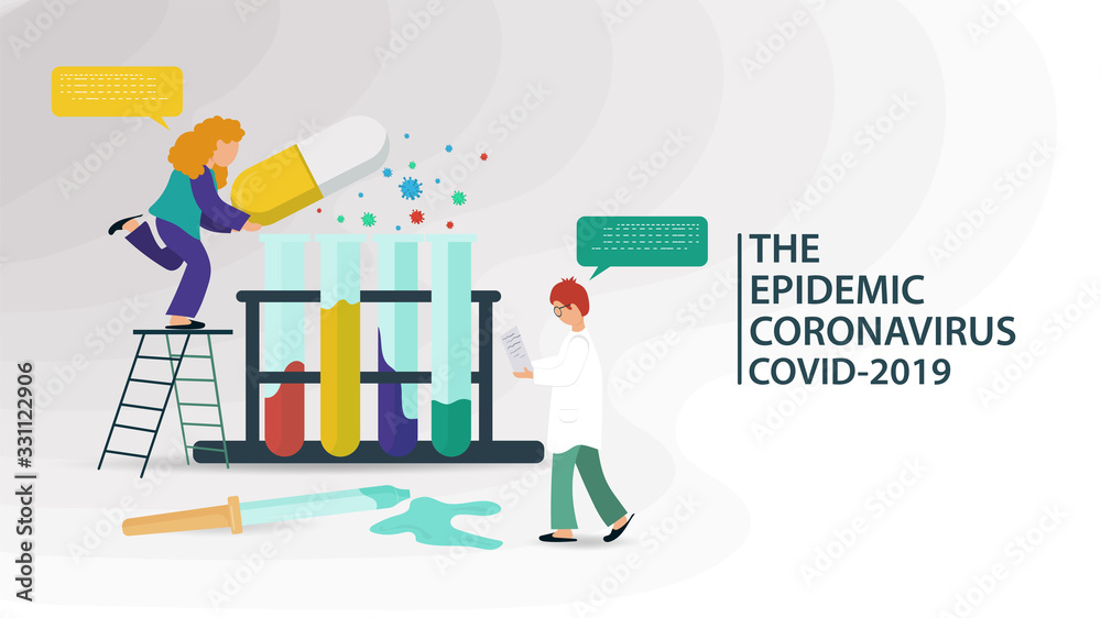 banner little people doctor and nurse prepare medicine in a test tube for COVID virus disease -2019 2019-nCoV flat vector illustration