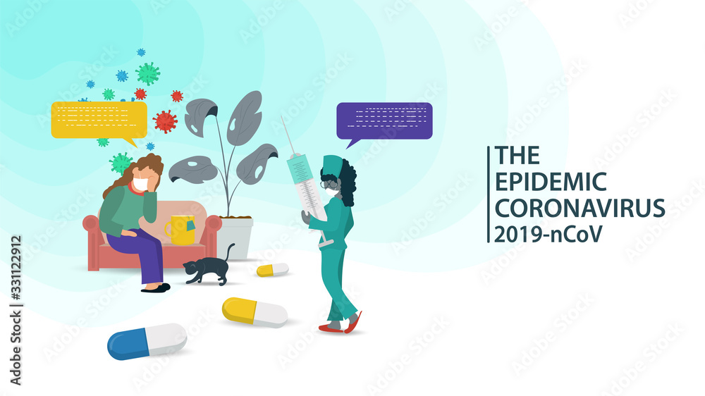 banner little people doctor nurse with a syringe treats a sick patient on the sofa from the disease COVID virus-2019 2019-nCoV flat vector illustration banner little people doctor nurse with a syringe treats a sick patient on the sofa from the disease COVID virus-2019 2019-nCoV flat vector illustration