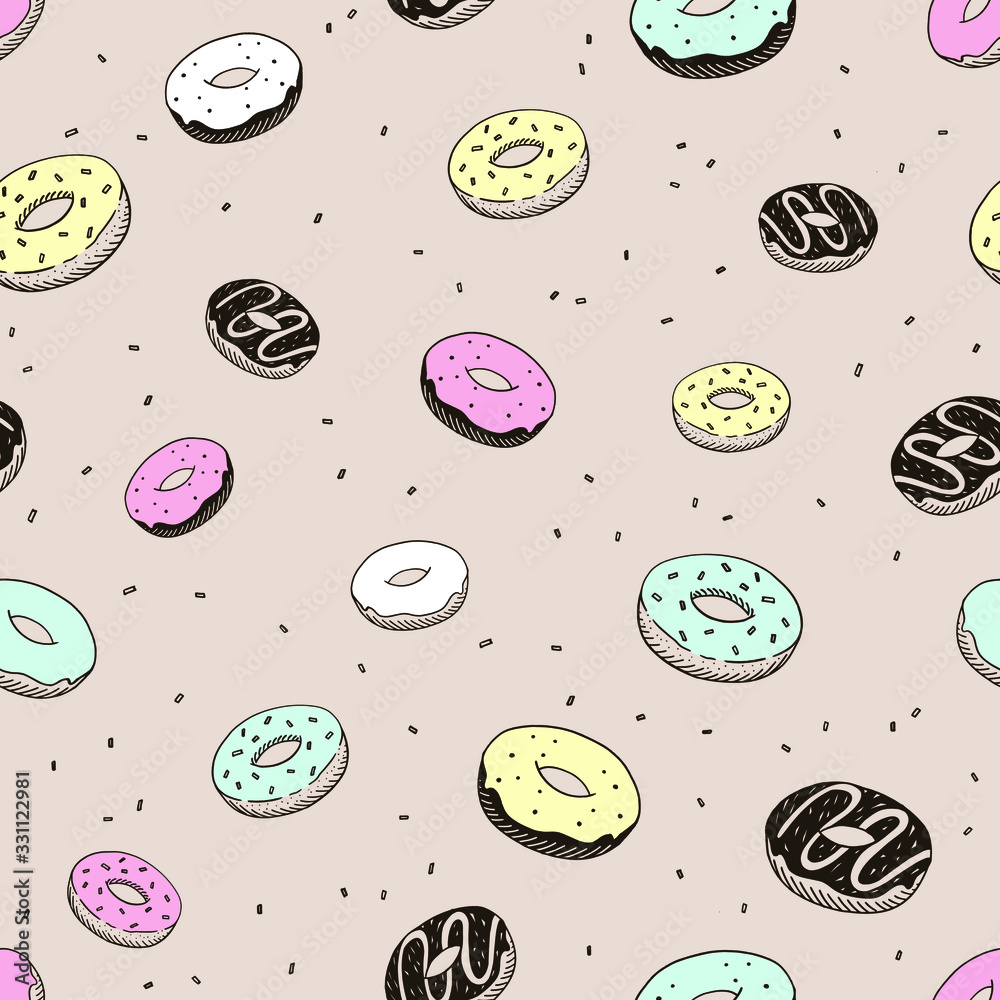 Seamless pattern wrapping with color donuts . Package design for sweet desserts.