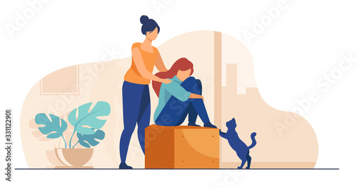 Woman giving comfort and support to friend, keeping palms on her shoulder. Girl feeling stress, loneliness, anxiety. Vector illustration for counseling, empathy, psychotherapy, friendship concept photo