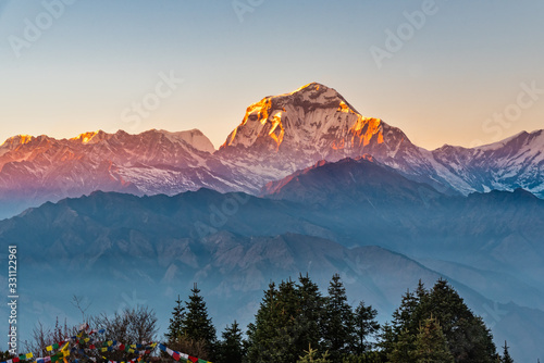 Beautiful view of sunset over the Dhaulagirin mountain range from Poonhill ghorepani Nepal