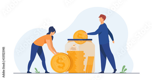 Family couple saving money. Man and woman inserting cash into glass jar. Vector illustration for finance, deposit, economy, investment, banking, concept